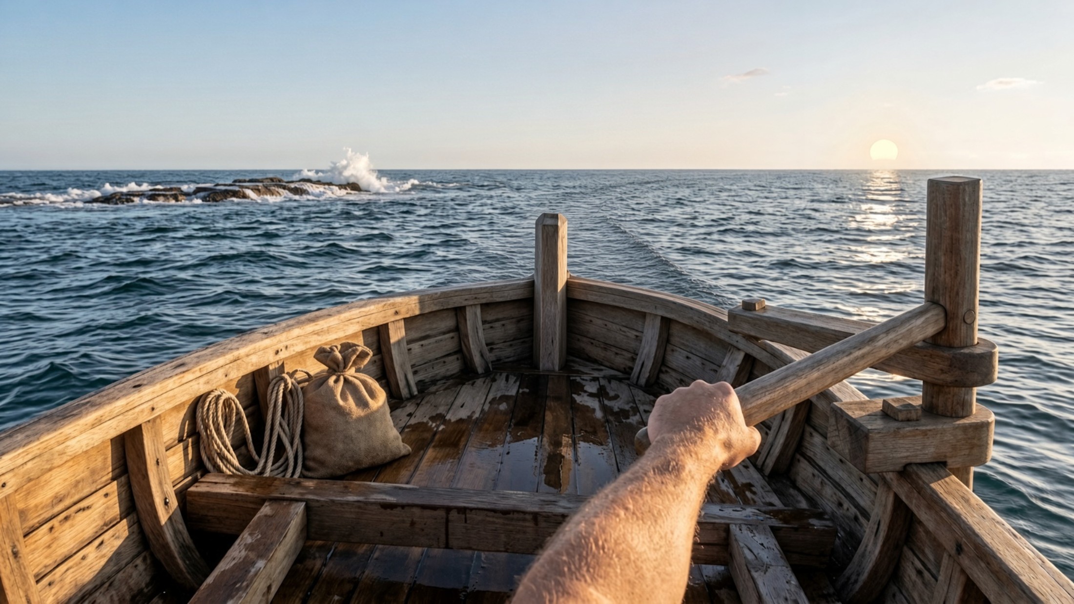 Vue depuis la poupe d'une barque en bois, une main sur le timon, un récif affleurant sur l'arrière gauche, le sillage et le soleil couchant à droite.